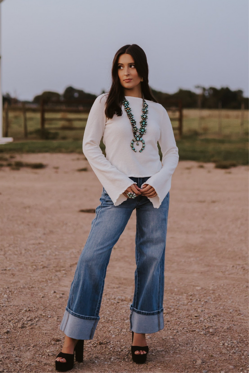Western Vogue Boutique Bellaire Sweater, stylish tops with a cozy knit design, shown in a front view.