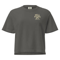 Women's heavyweight boxy T-shirt with "Hell Raiser" crop design from Wild Cactus Boutique, front view in pepper color.