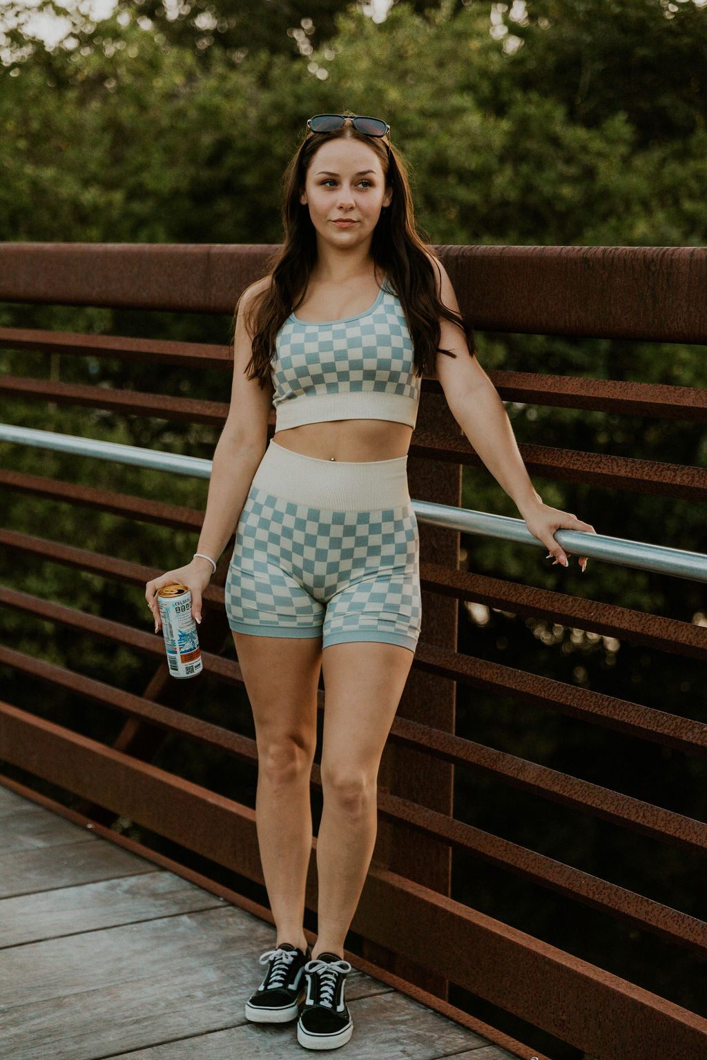 Wild Cactus Boutique checkered women's gym set featuring peachy beige and white activewear for comfortable workouts.
