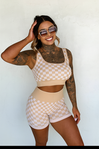 Peachy beige and white checkered women's gym set by Wild Cactus Boutique, activewear for fitness and casual wear.