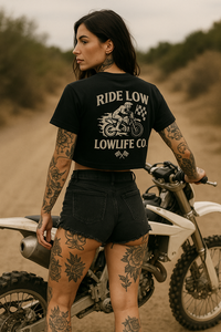 Wild Cactus Boutique Dirtbike Lowlife Crop top, stylish casual crop top with dirtbike graphic, black fabric, lightweight and comfortable.