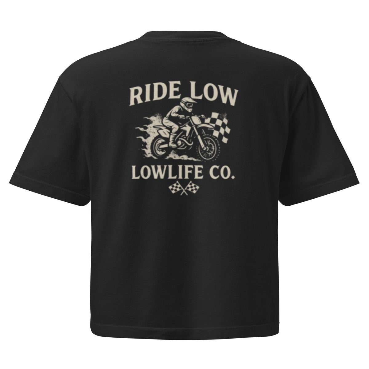 Black women's heavyweight boxy crop top featuring Dirtbike Lowlife graphic by Wild Cactus Boutique, shown from the back.