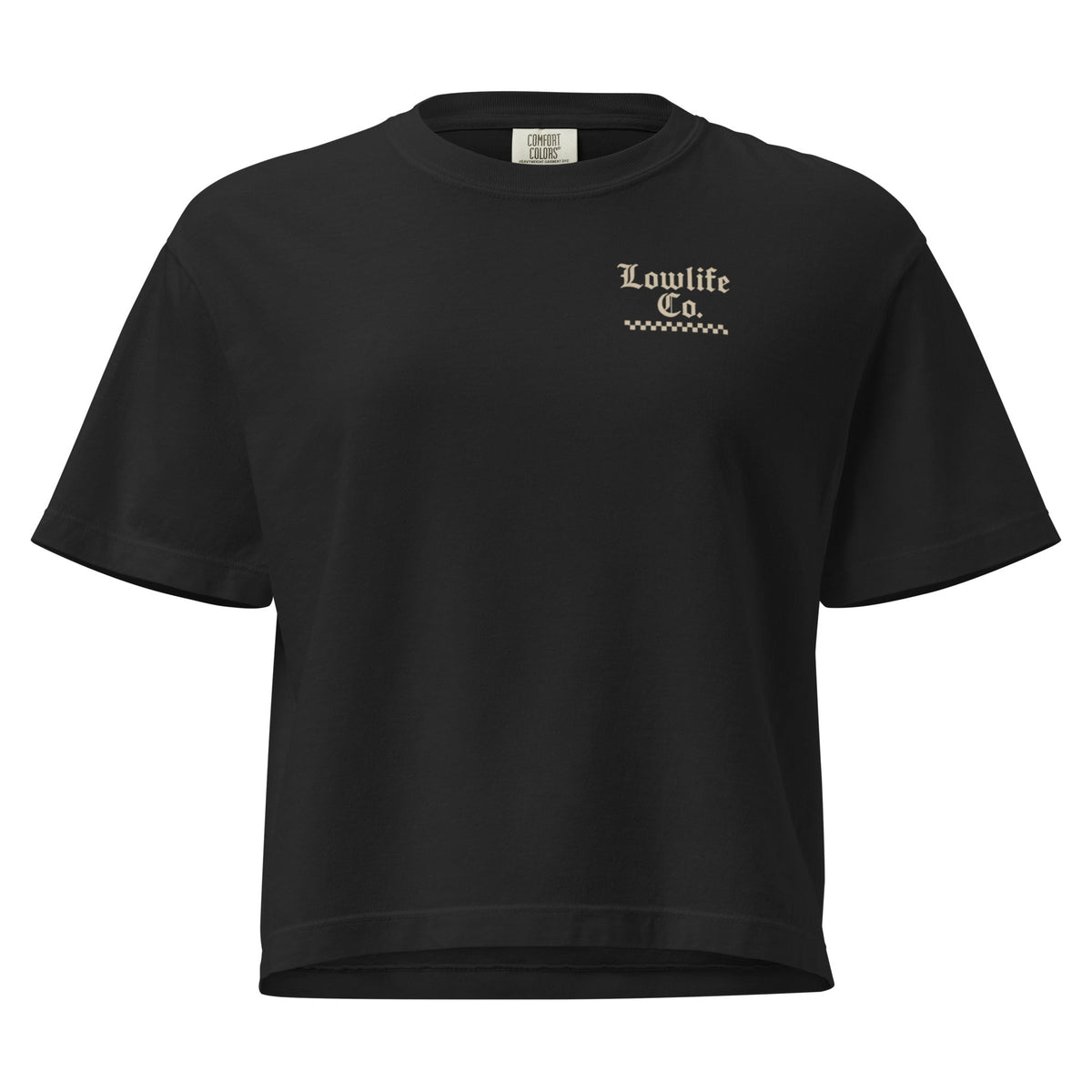 Black Dirtbike Lowlife Crop Top for women, heavyweight boxy T-shirt with front graphic, from Wild Cactus Boutique.