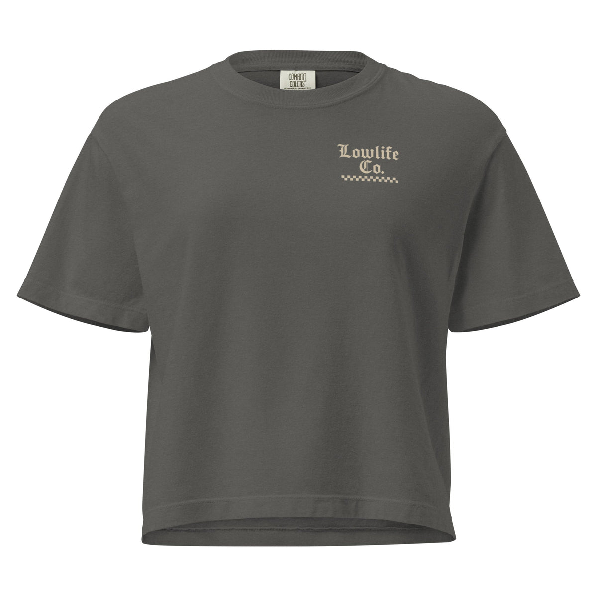 Women's heavyweight boxy crop top with dirtbike Lowlife graphic from Wild Cactus Boutique, shown in front view.