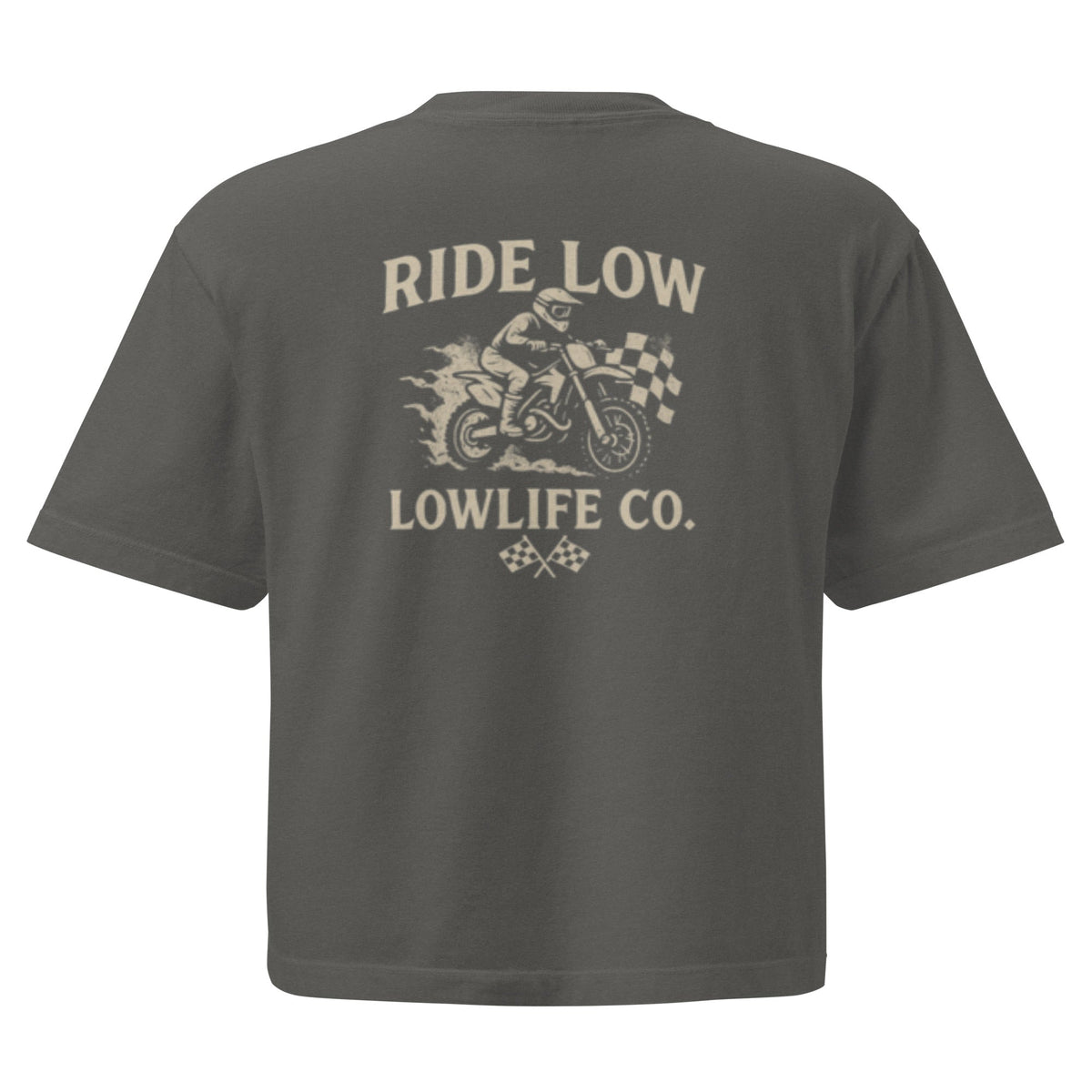 Women’s heavyweight boxy crop top with a dirtbike Lowlife design, in a pepper color, from Wild Cactus Boutique.