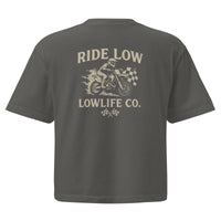Women’s heavyweight boxy crop top with a dirtbike Lowlife design, in a pepper color, from Wild Cactus Boutique.