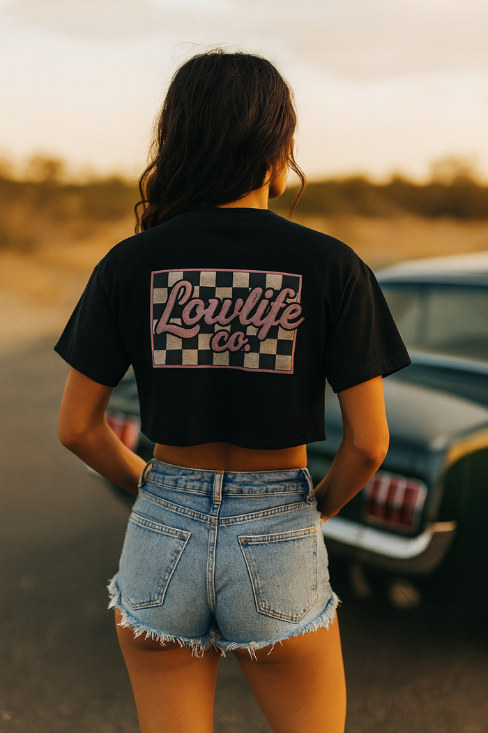Wild Cactus Boutique Lowlife Co checkered crop top, stylish black and white plaid pattern, close-up of the fashionable crop top.