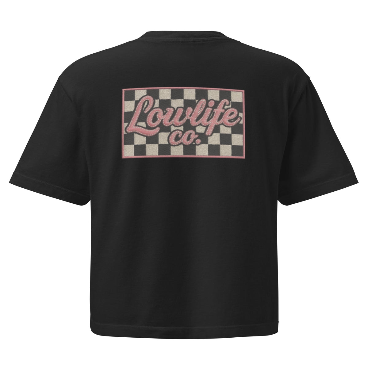 Black checkered crop top from Wild Cactus Boutique, women's heavyweight boxy T-shirt with a relaxed fit and back view.