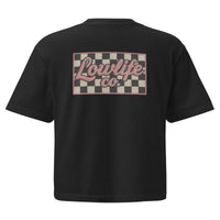 Black checkered crop top from Wild Cactus Boutique, women's heavyweight boxy T-shirt with a relaxed fit and back view.
