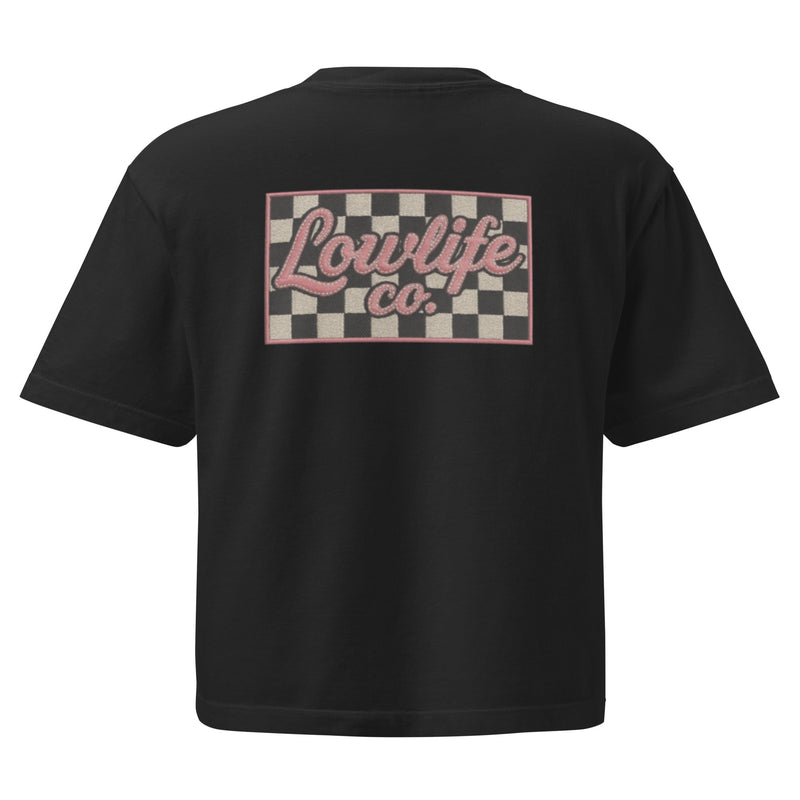 Black checkered crop top from Wild Cactus Boutique, women's heavyweight boxy T-shirt with a relaxed fit and back view.
