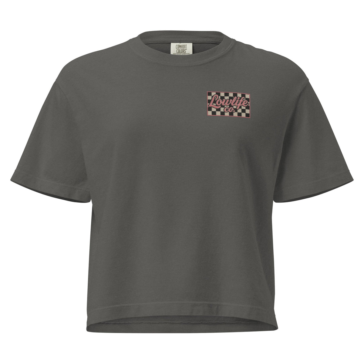 Women's lightweight checkered crop top from Wild Cactus Boutique featuring a boxy fit and front detail.