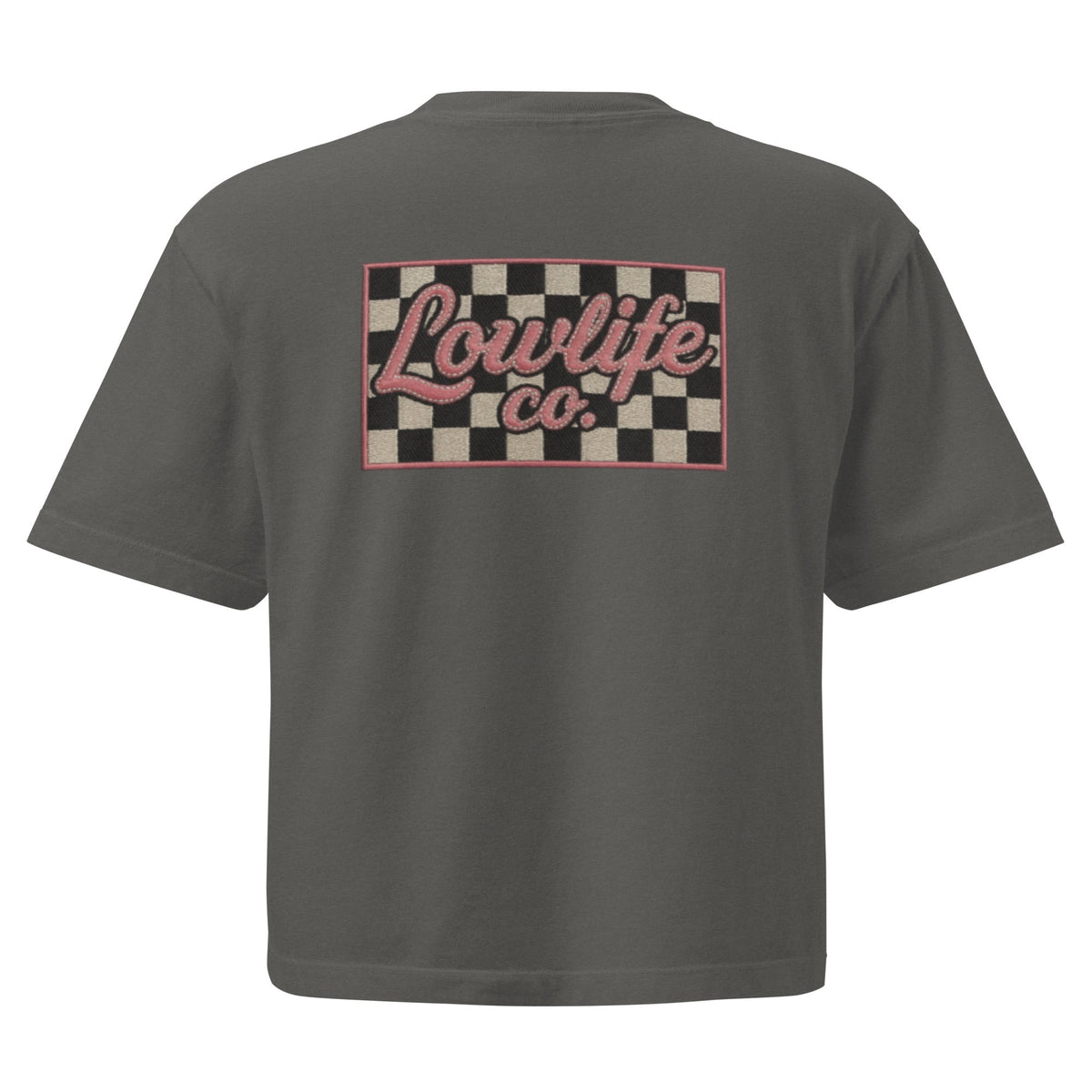 Women's checkered crop top from Wild Cactus Boutique featuring a boxy fit and heavyweight fabric, shown from the back.