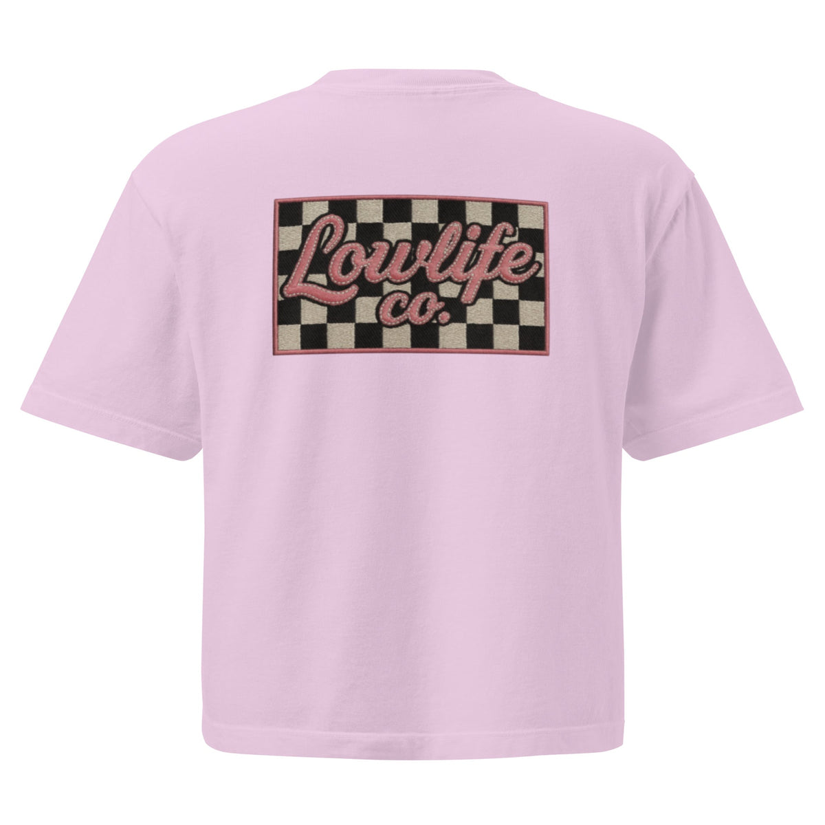 Wild Cactus Boutique checkered crop top with a boxy fit and orchid color, designed for a trendy women's fashion look.