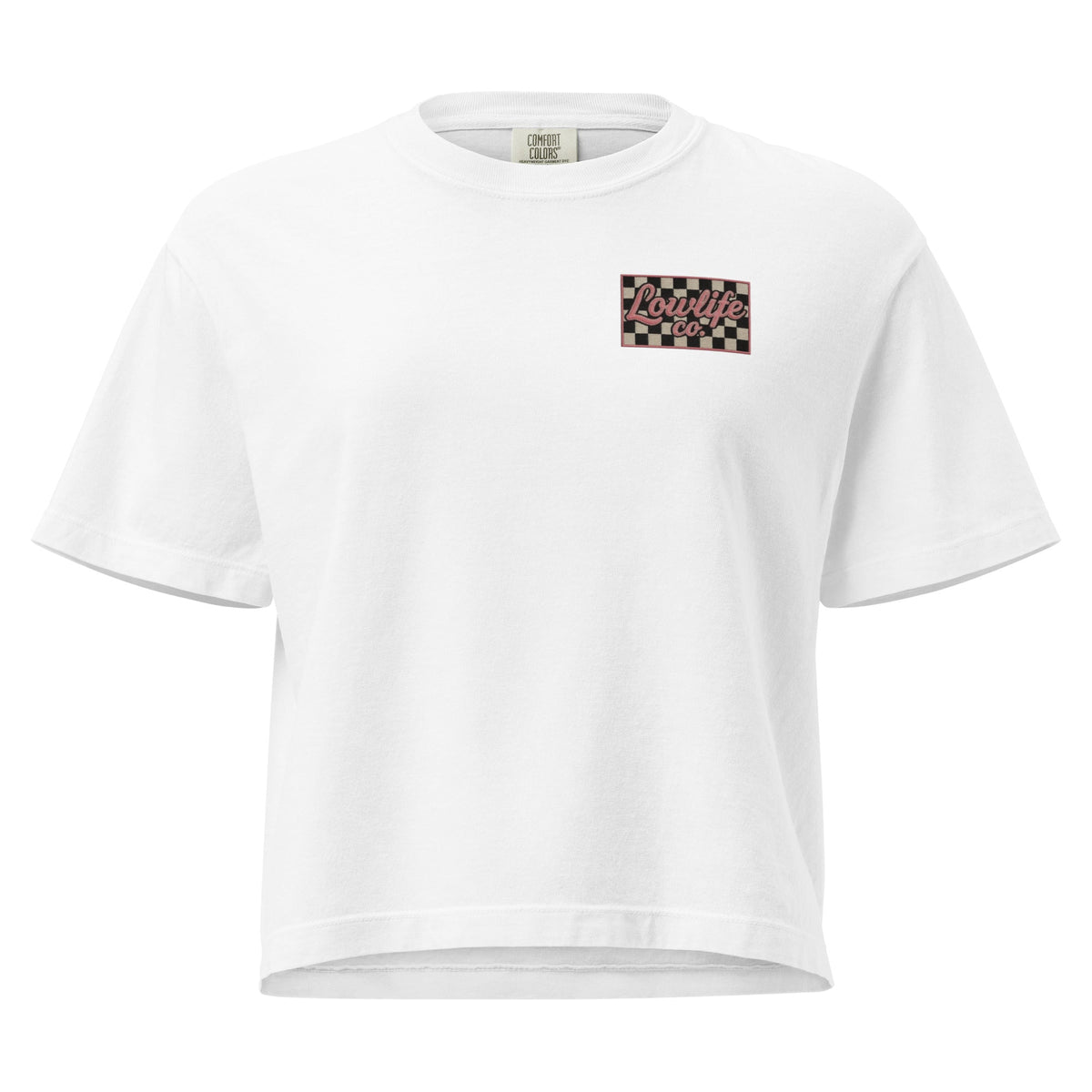 White checkered crop top from Wild Cactus Boutique featuring a boxy fit and casual style for women's fashion.