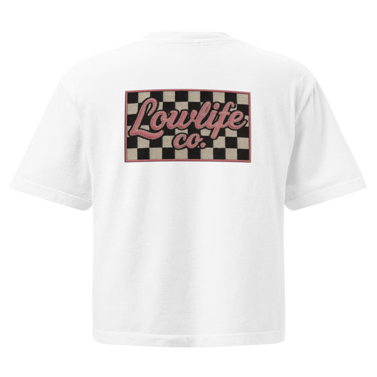 White checkered crop top from Wild Cactus Boutique, women's heavyweight boxy style with short sleeves and a relaxed fit.