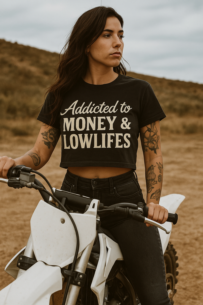 Black Wild Cactus Boutique Money & Lowlifes crop tee, casual crop top with bold graphic design and relaxed fit.