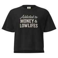 Black Money & Lowlifes Crop Tee by Wild Cactus Boutique, showing the cropped top with bold graphic design.