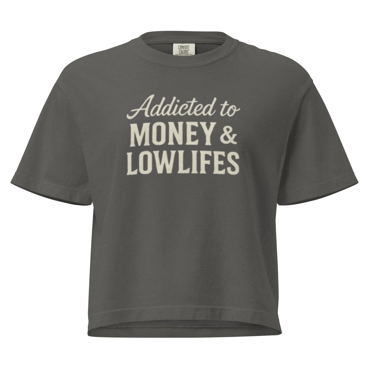 Black Money & Lowlifes Crop Tee by Wild Cactus Boutique, featuring a fitted crop top design with bold graphic print.