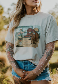 Western graphic top featuring a rodeo scene design from Wild Cactus Boutique, with vibrant colors and western-inspired artwork.