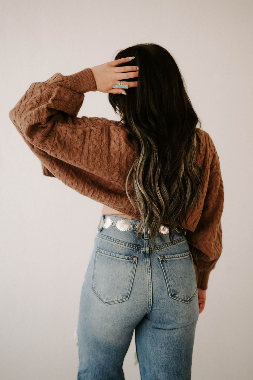 Wild Cactus Boutique Kimber's Fall Boho Crop Sweater jacket with long sleeves and fall-inspired earthy tones.