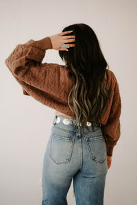 Wild Cactus Boutique Kimber's Fall Boho Crop Sweater jacket with long sleeves and fall-inspired earthy tones.
