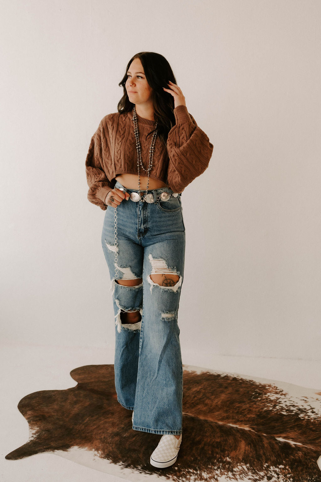 Wild Cactus Boutique Kimber's Fall Boho Crop Sweater jacket with long sleeves and vibrant fall colors, casual and stylish.