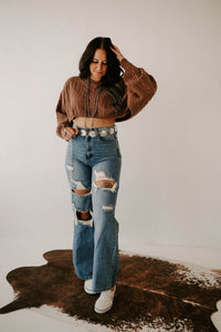 Kimber's Fall Boho Crop Sweater jacket in earthy tones, featuring a relaxed fit with bohemian style from Wild Cactus Boutique.