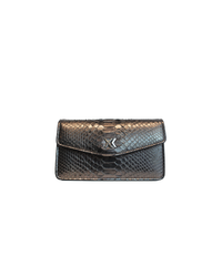 Ximena Kavalekas The Met clutch in gunmetal with metallic finish, featuring a sleek, elegant design and compact size.