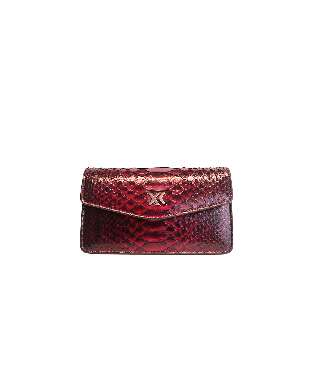 Ximena Kavalekas The Met clutch in midnight red with sleek design and elegant leather finish, shown in a close-up image.