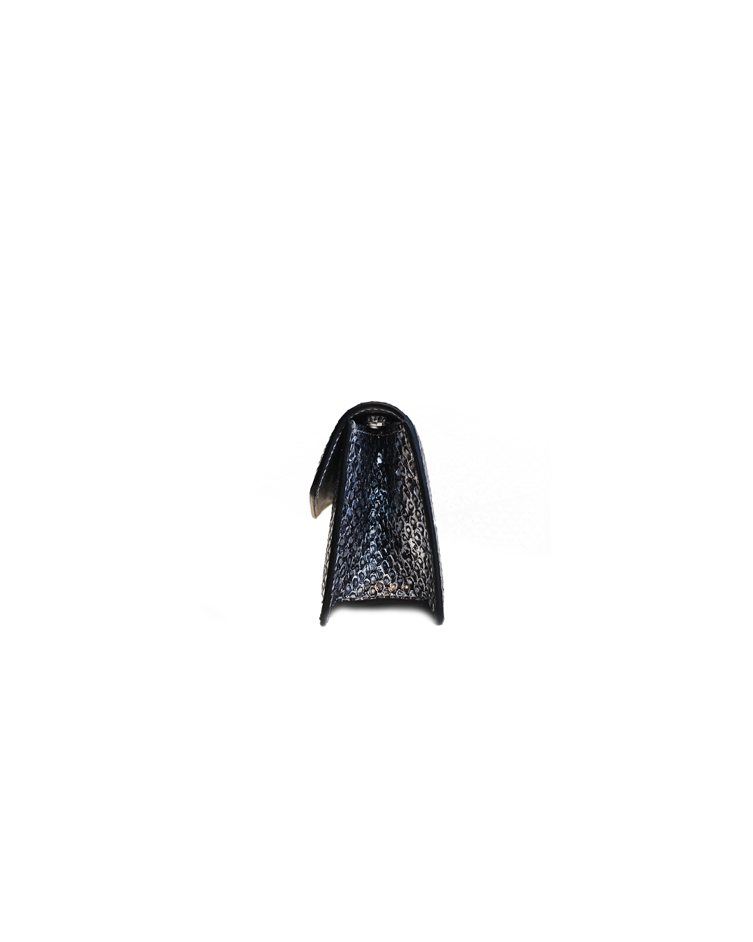 Ximena Kavalekas The Met clutch in pewter with silver finish, stylish leather evening bag with sleek design and compact size.