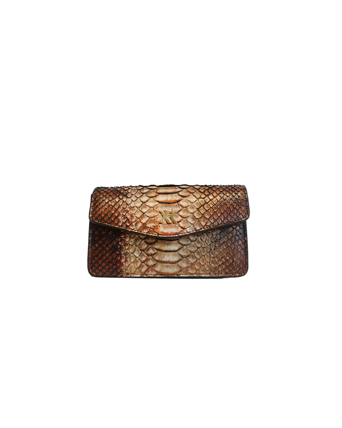 Ximena Kavalekas The Met Clutch in Sunrise with vibrant orange and yellow tones, stylish evening clutch for special occasions.