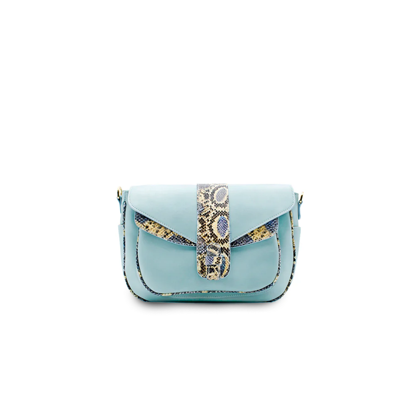 Ximena Kavalekas Kara blue leather crossbody bag with front view, showcasing sleek design and vibrant color.