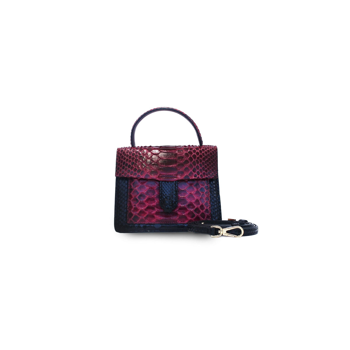 Ximena Kavalekas Emma handbag in wine and black leather, front view showing elegant design and textured surface.