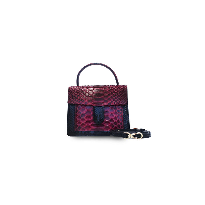 Ximena Kavalekas Emma handbag in wine and black leather, front view showing elegant design and textured surface.
