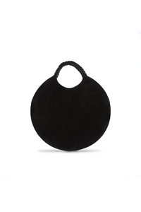 Ximena Kavalekas Luna tote bag in black suede and nappa leather, showing its spacious design and sleek 3/4 view.